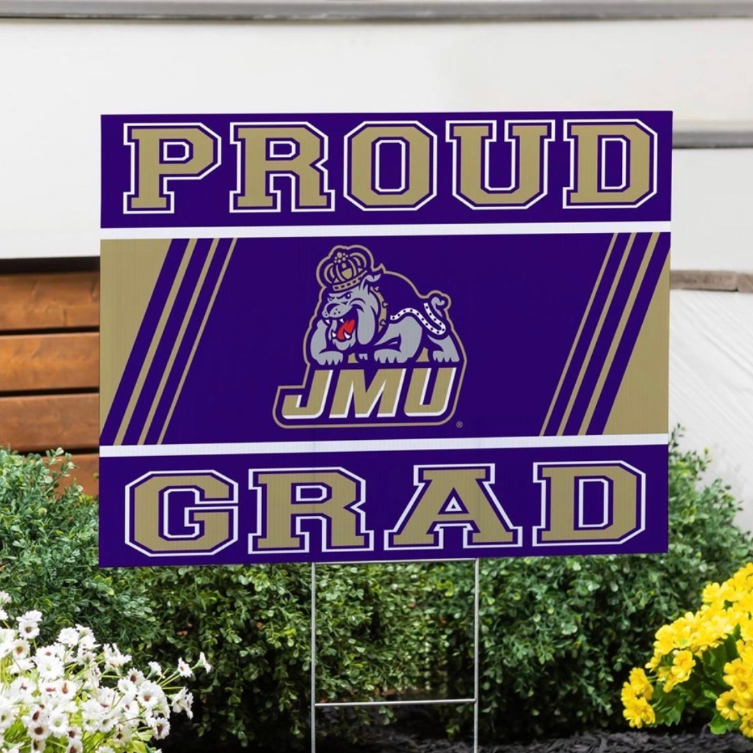 Garden flag with 'PROUD JMU GRAD' text and logo on a purple background.
