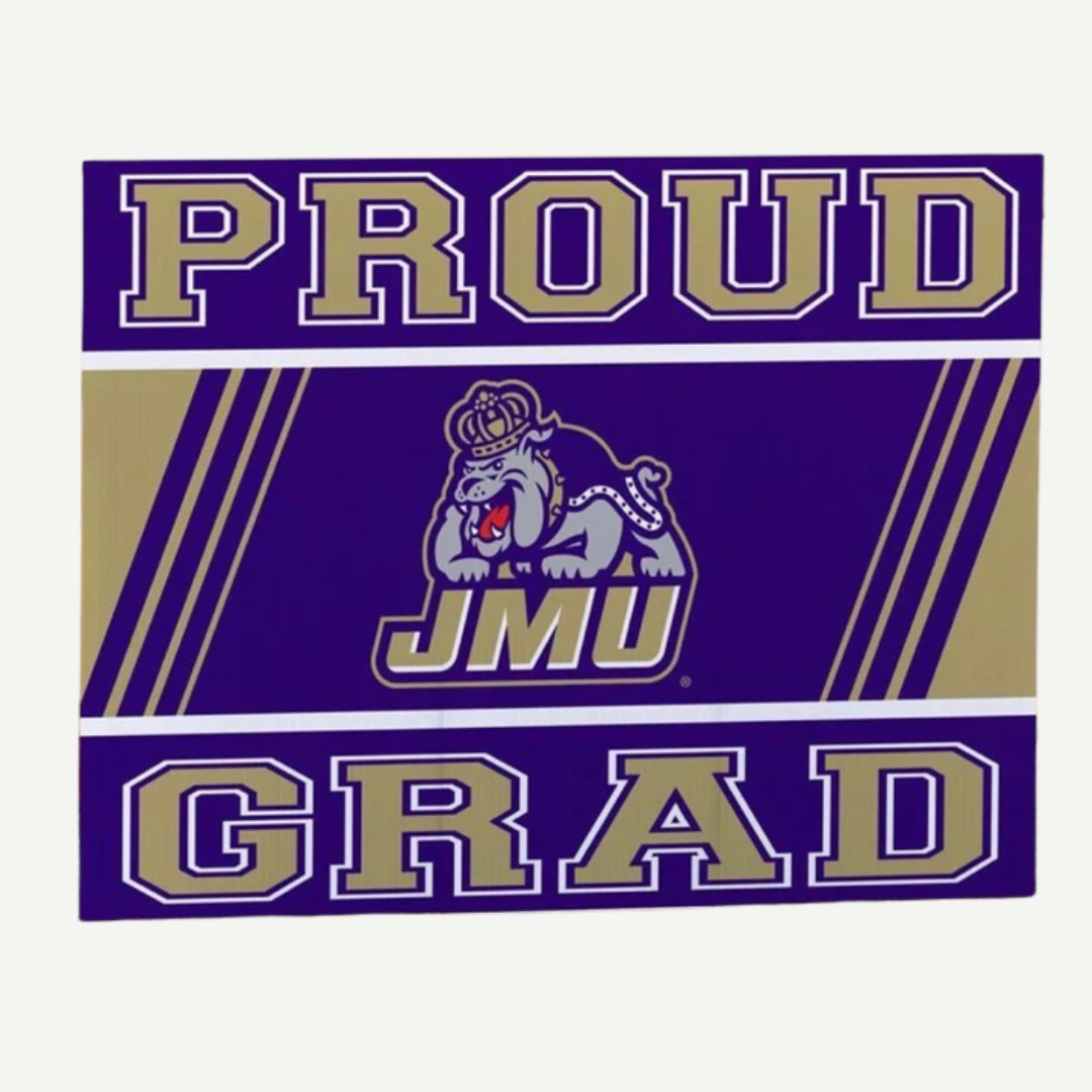 Decal with 'PROUD GRAD' text and JMU logo on a purple background