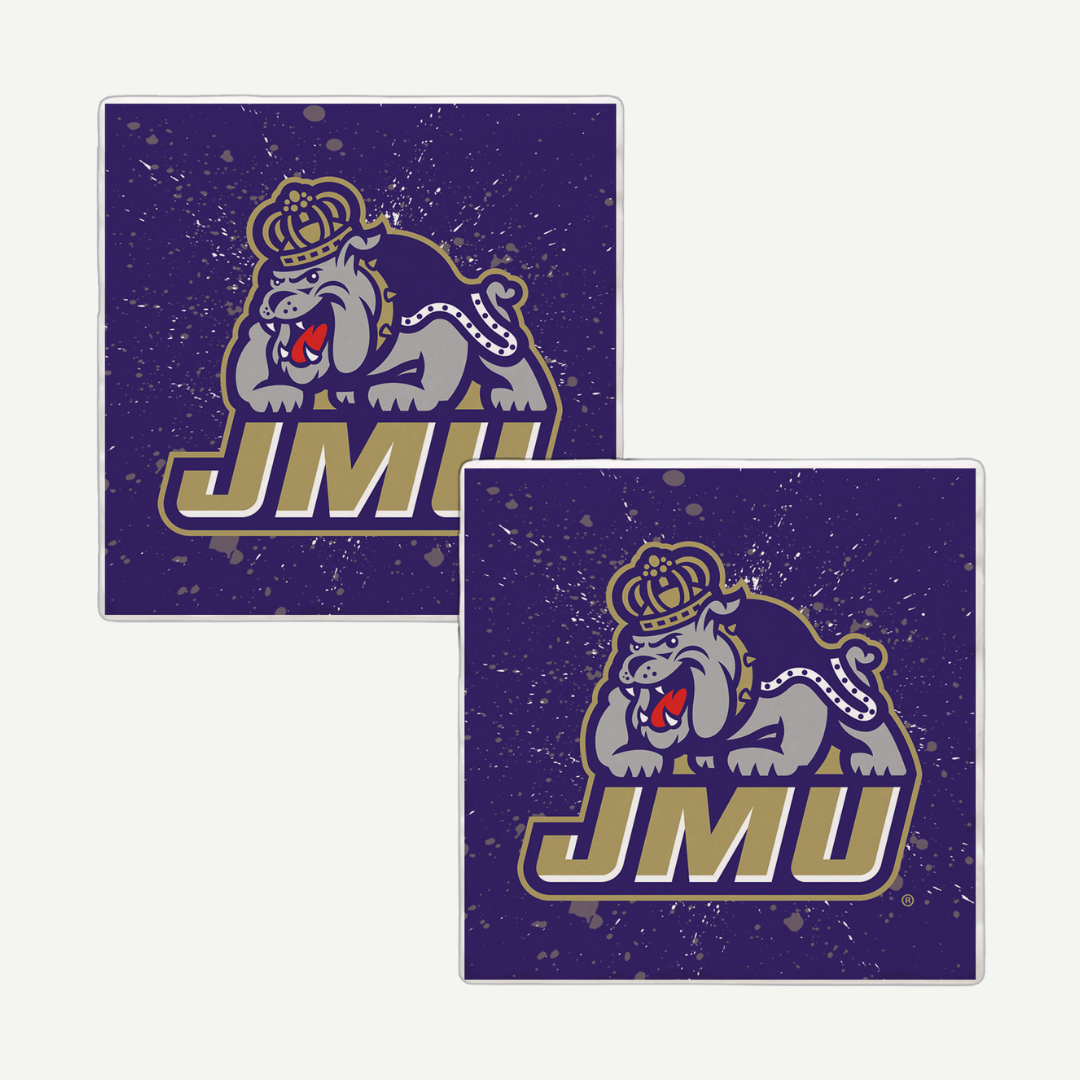 JMU coasters with a dynamic paint-splatter effect behind the Duke Dog logo.