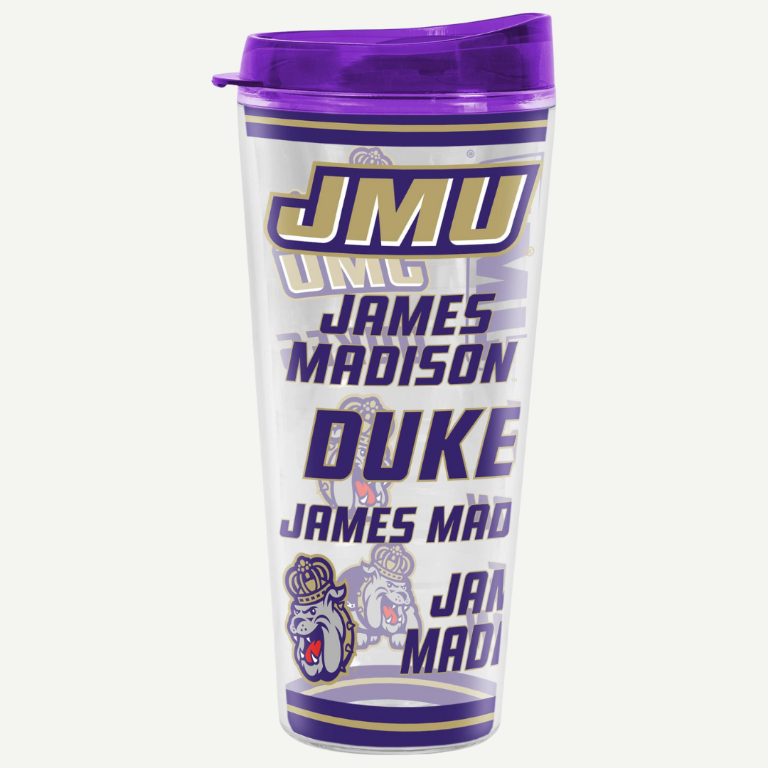 Tumbler with 'James Madison Duke' text and logo on a white background