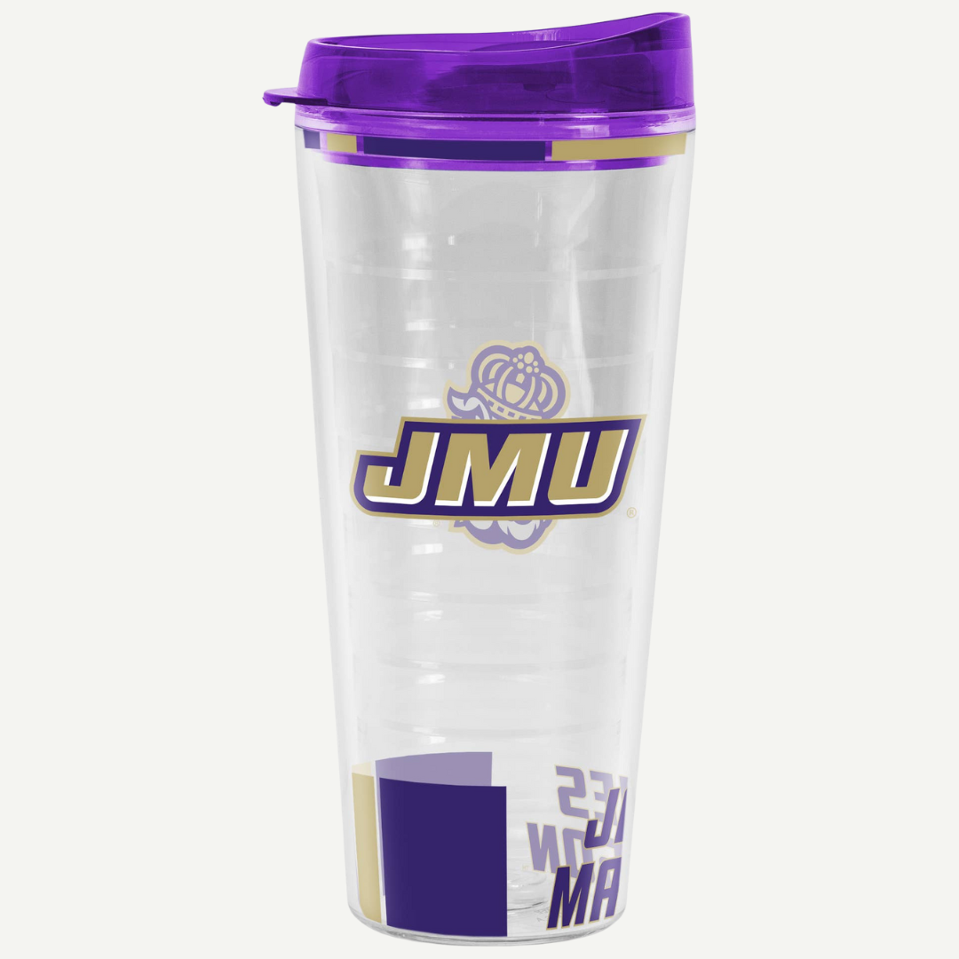 Clear tumbler with purple lid featuring JMU logo on a white background