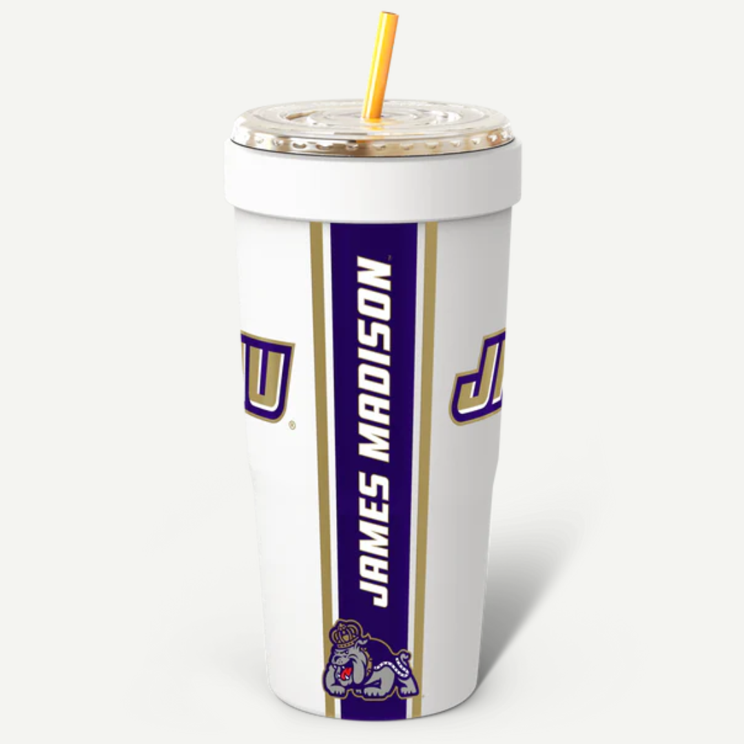 Tumbler with James Madison University branding on a white background