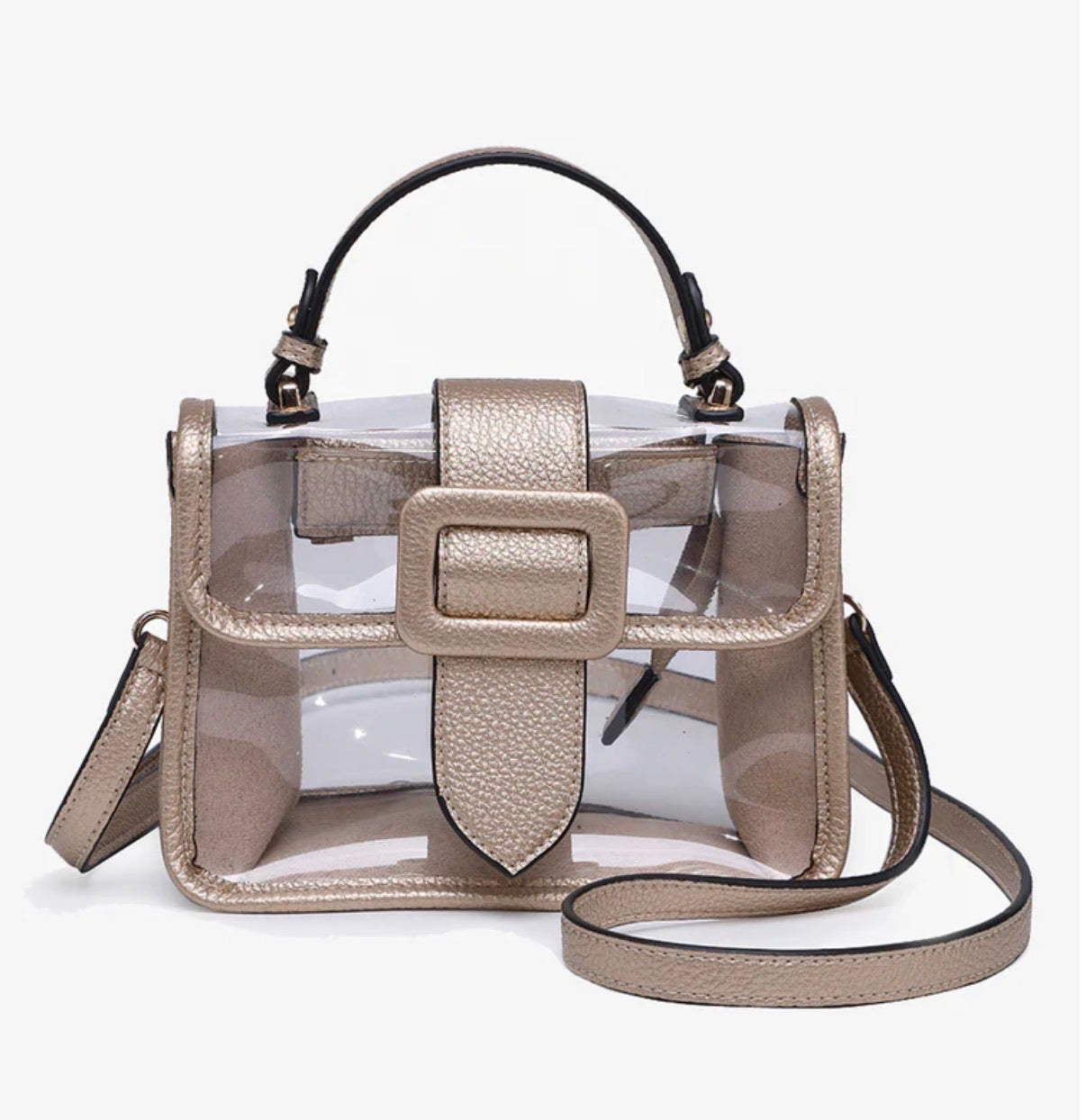 A structured clear plastic handbag with metallic taupe leather trim, a top handle, a front buckle strap, and a detachable shoulder strap, shown on a light gray background.