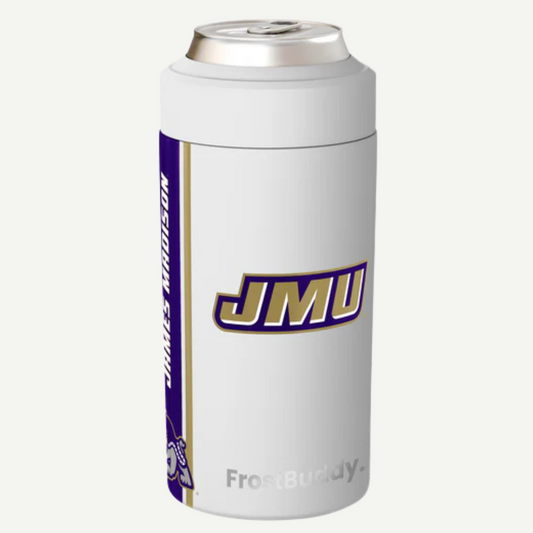 White can cooler with James Madison University logo on a white background