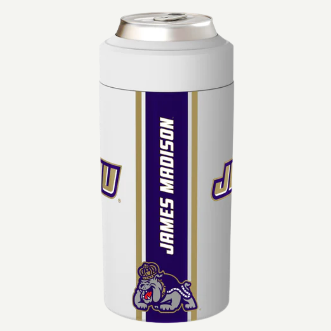 White can cooler with James Madison University logo on a white background