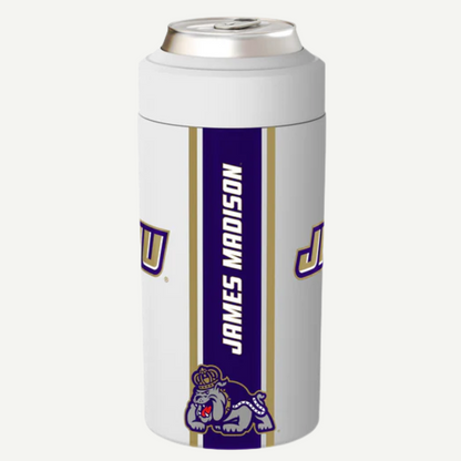 White can cooler with James Madison University logo on a white background