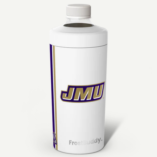 White insulated bottle with JMU logo on a white background