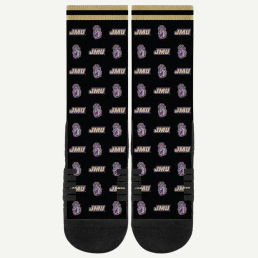 Black Duke Dog Head and JMU Repeated Logo Crew Socks