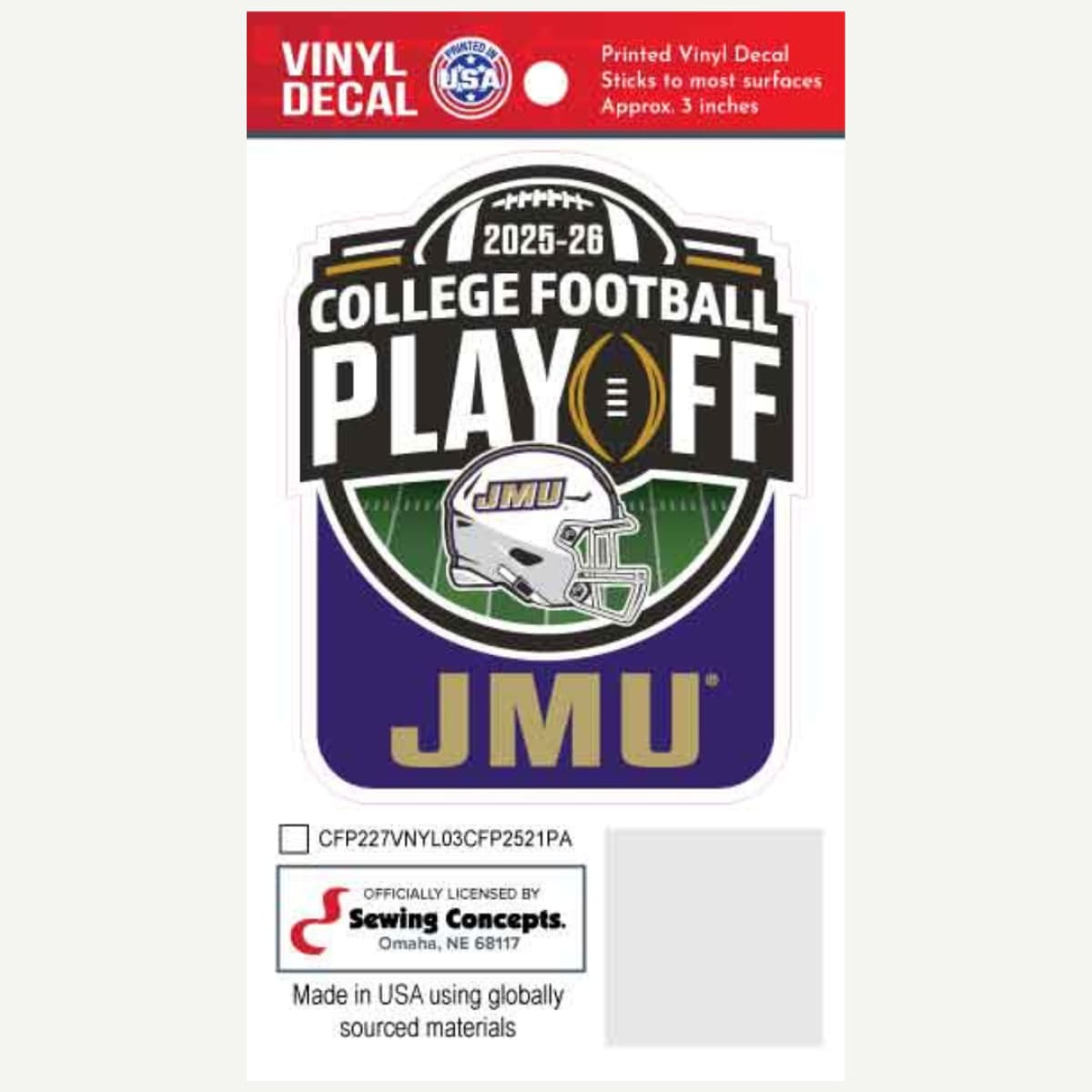 Vinyl decal for 2025-26 College Football Playoff featuring JMU on a white background.