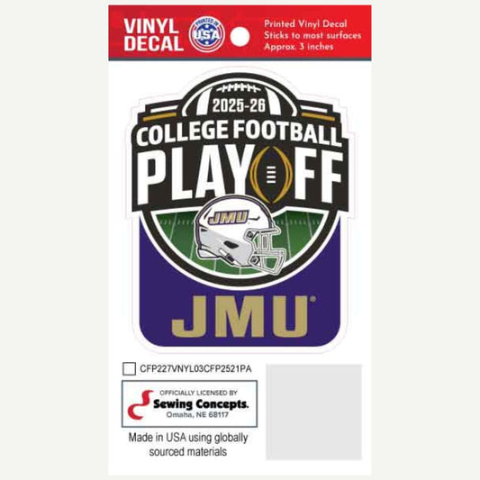 Vinyl decal for 2025-26 College Football Playoff featuring JMU on a white background.