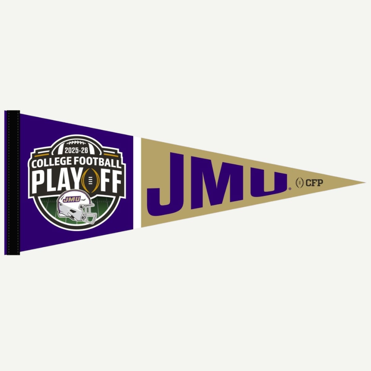 Two pennants, one for the College Football Playoff and the other for JMU, on a white background.