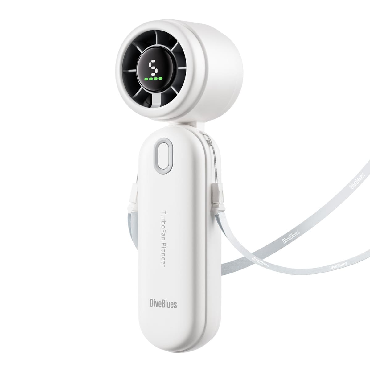 White handheld fan with digital display on a white background