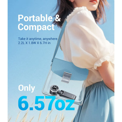 Woman carrying a transparent handbag with text highlighting its portability and compact size.