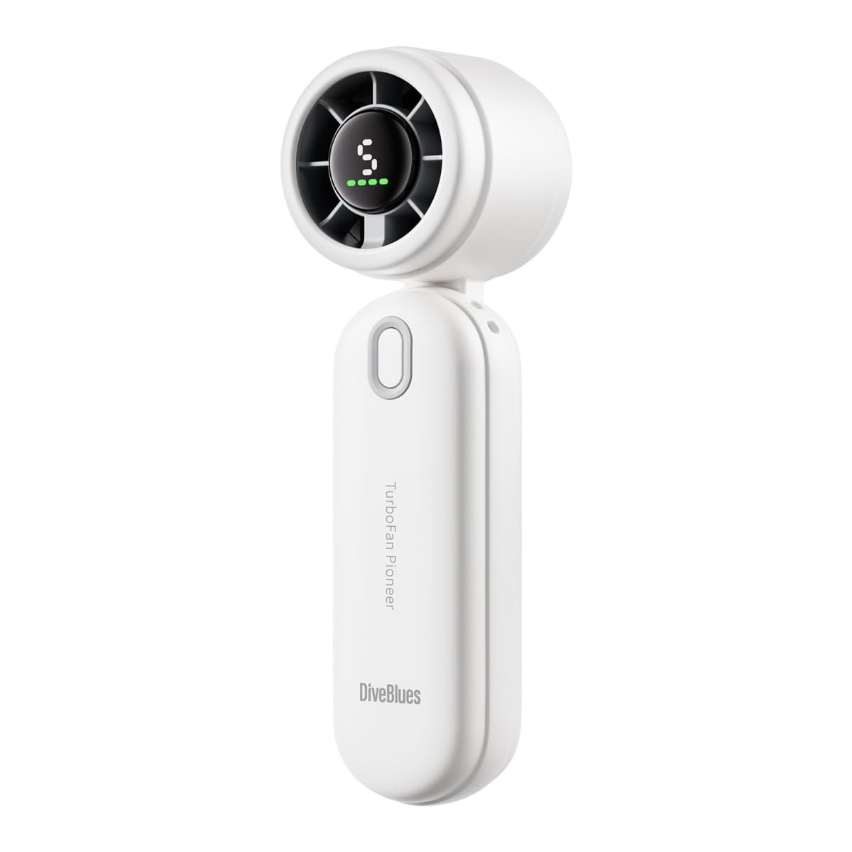 White handheld fan with digital display on a white background