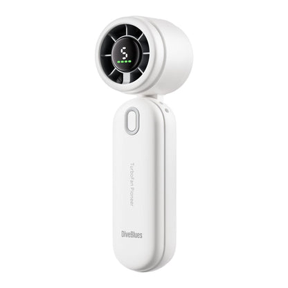 White handheld fan with digital display on a white background