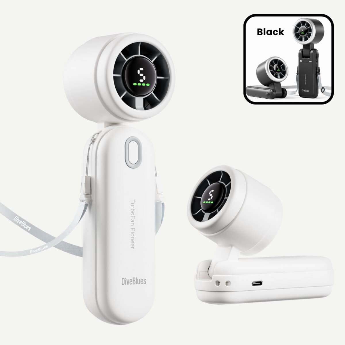 White handheld fan with charging cable on a white background, featuring 'DiveBlues' branding.