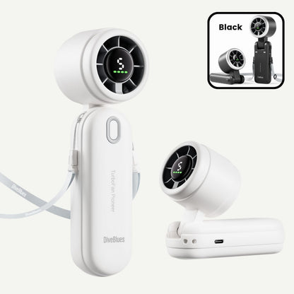 White handheld fan with charging cable on a white background, featuring 'DiveBlues' branding.