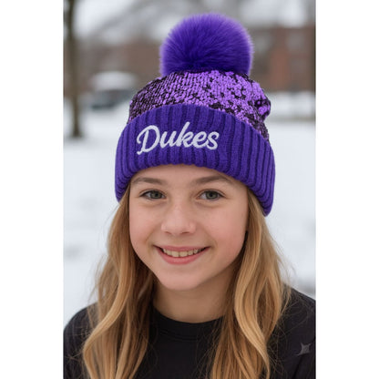 Embroidered Sequin Pom Beanie