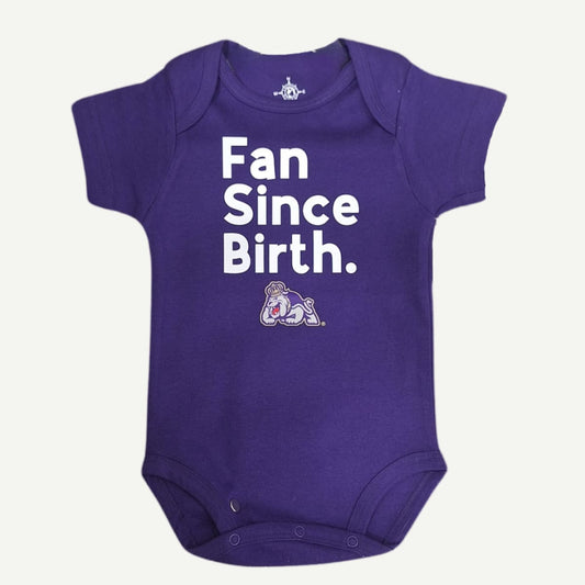 JMU Fan Since Birth Bodysuit in purple and gold, featuring a playful fan-inspired design, available in Newborn, 0-3 months, 3-6 months, 6-9 months, and 12 months for JMU’s youngest fans.