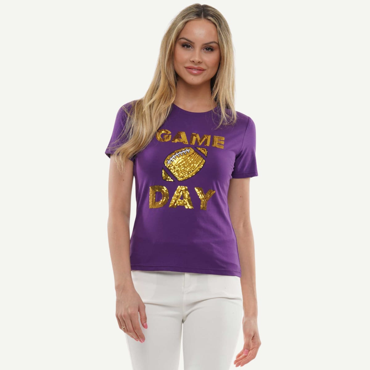 Gameday Sparkle Tee, rich purple base, gold sequins spelling 'Game Day'" "James Madison University Gameday Sparkle Tee, shimmering football graphic"