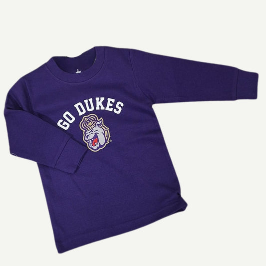 JMU Go Dukes Long Sleeve Tee in purple with bold "Go Dukes" lettering, available in sizes 6-9 months, 12 months, 18 months, 24 months, 2T, 3T, and 4T for baby and toddler JMU fans.