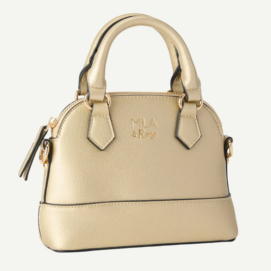 Beige handbag with gold accents on a white background