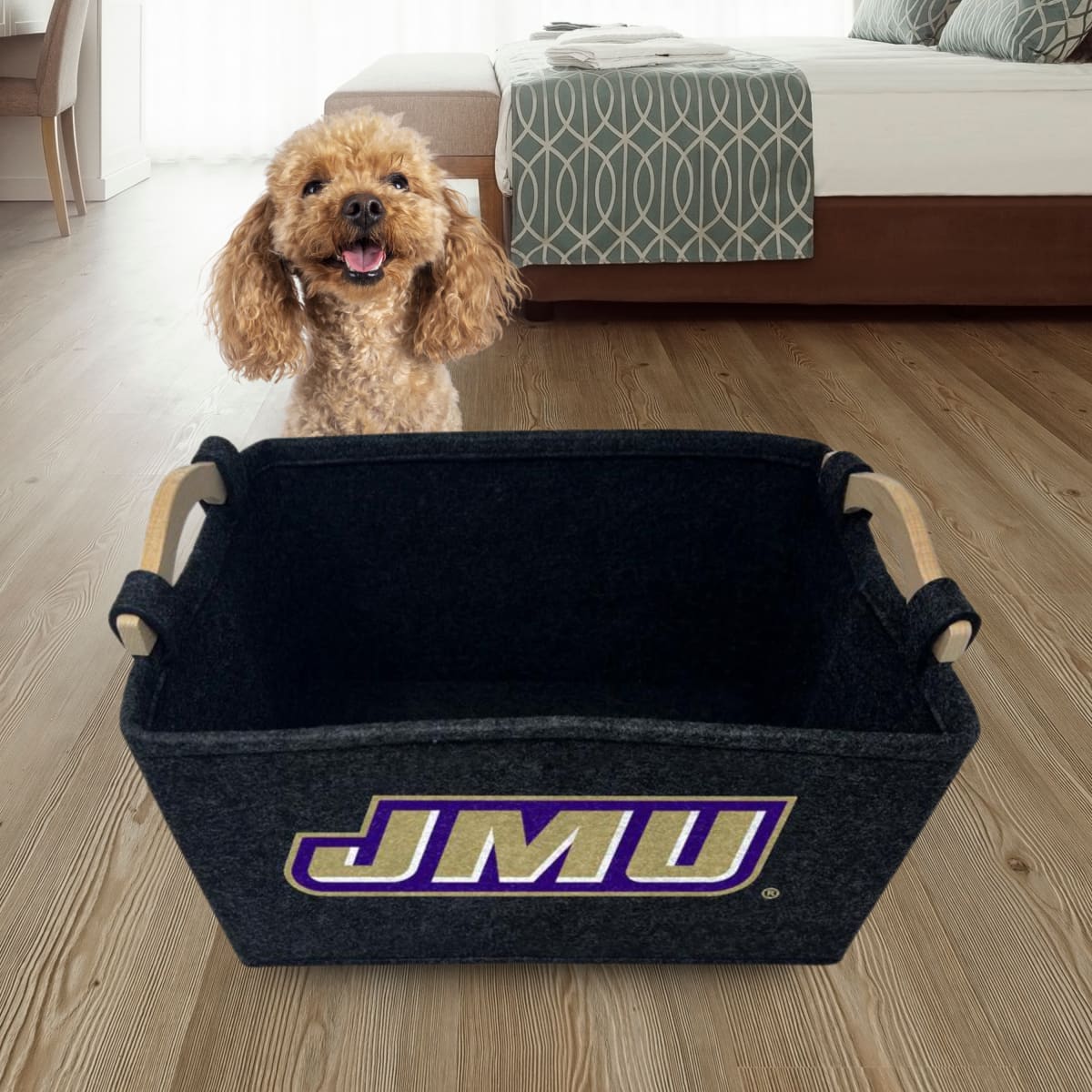 James Madison Dukes Toy Basket with JMU logo, ideal for storing dog toys and home organization.