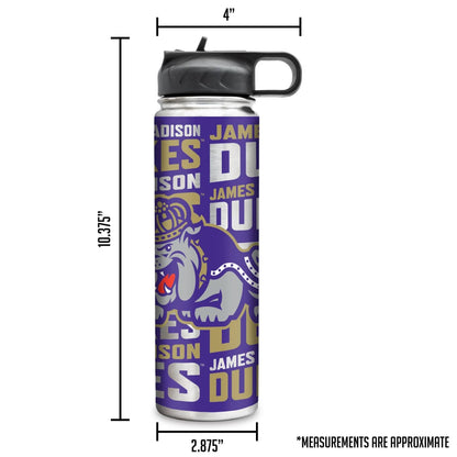 Water bottle with James Madison University logo and text, shown with dimensions on a white background.