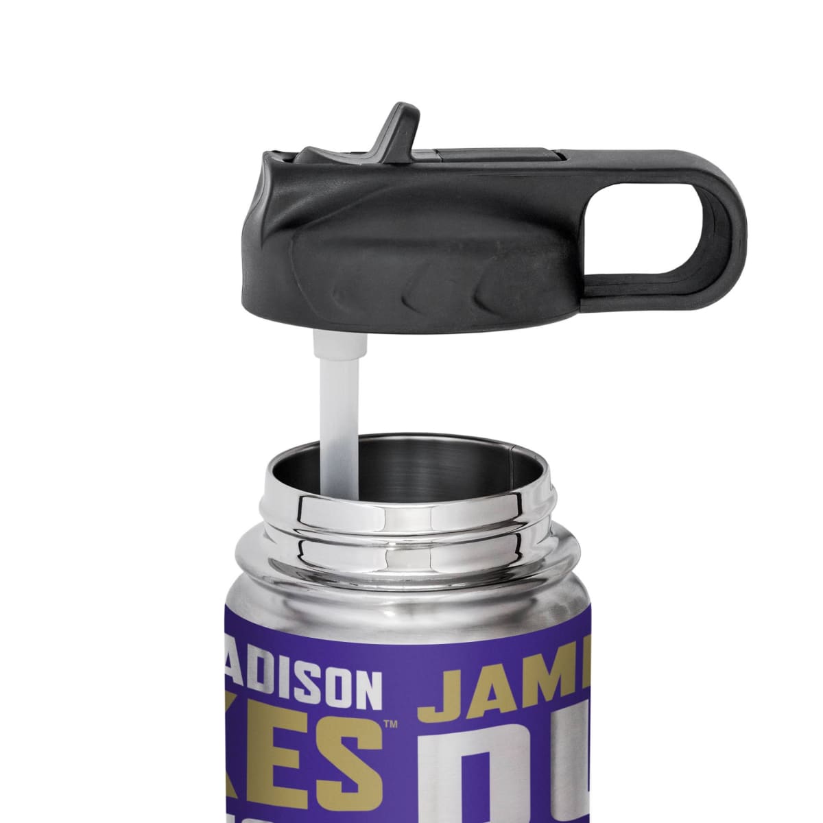 Metal water bottle with purple and yellow label on a white background