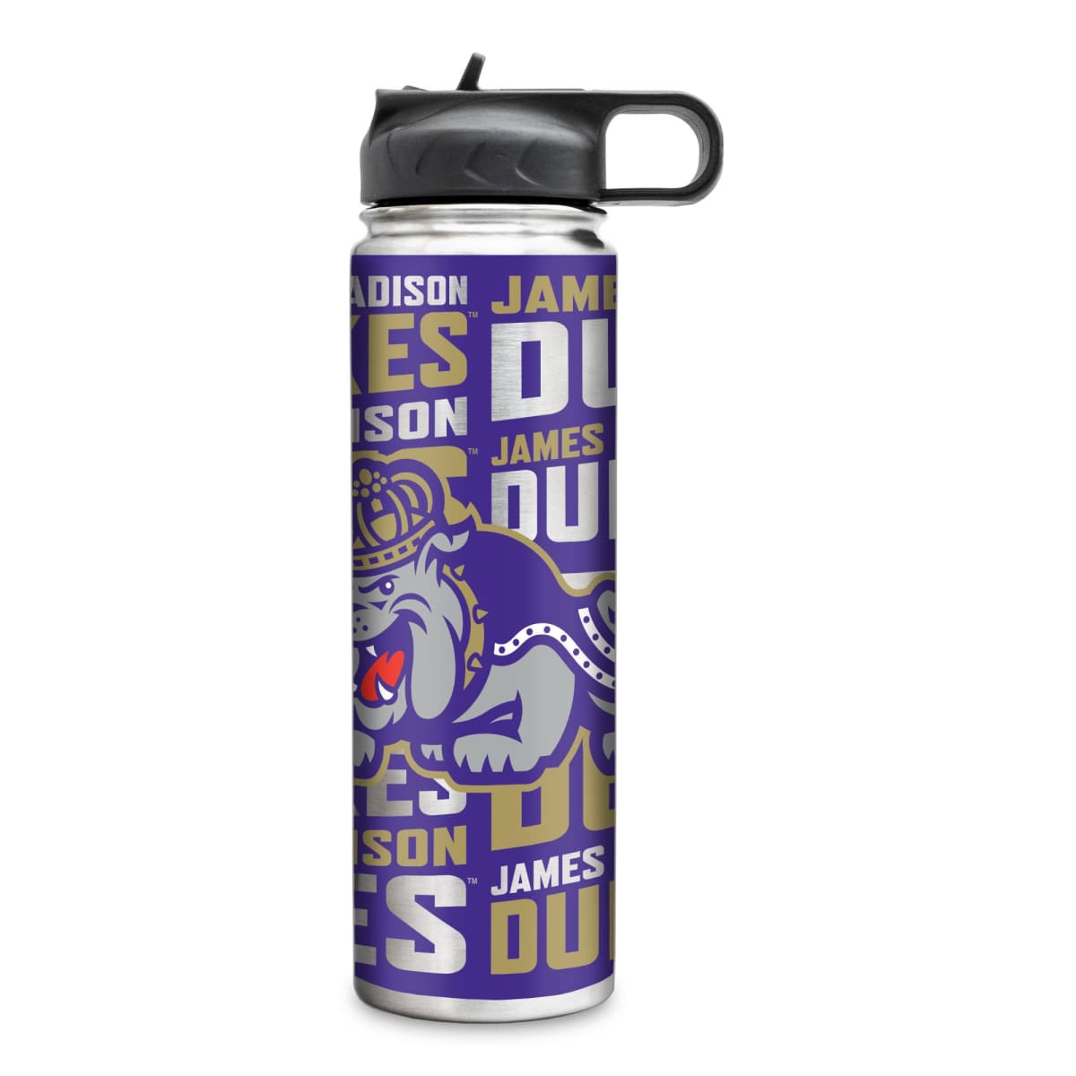 Water bottle with purple and white design featuring a logo and text on a white background