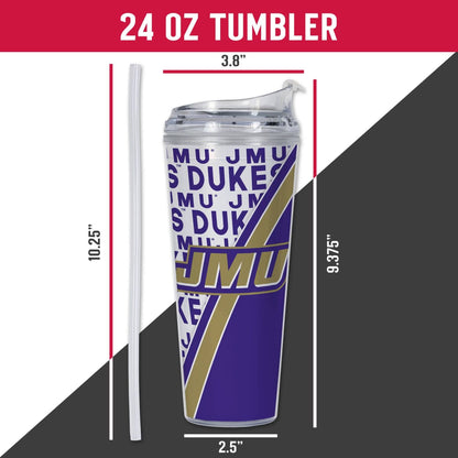 24 oz tumbler with JMU branding and measurements on a white background