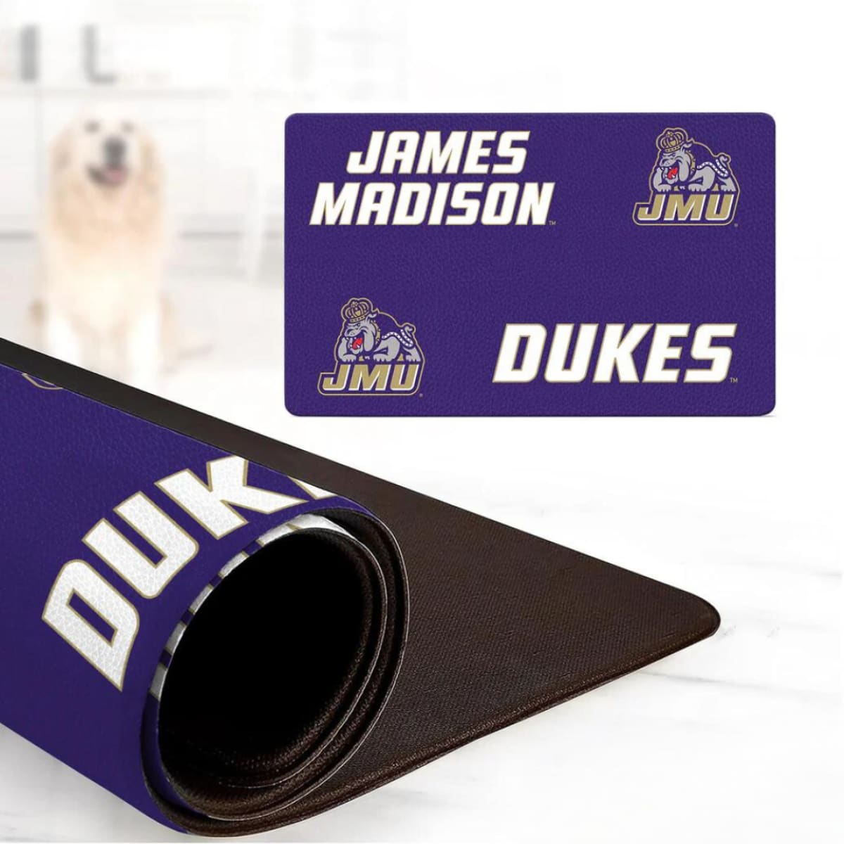 James Madison Dukes Food & Water Mat featuring JMU logo and purple background, perfect for pet owners and JMU fans.