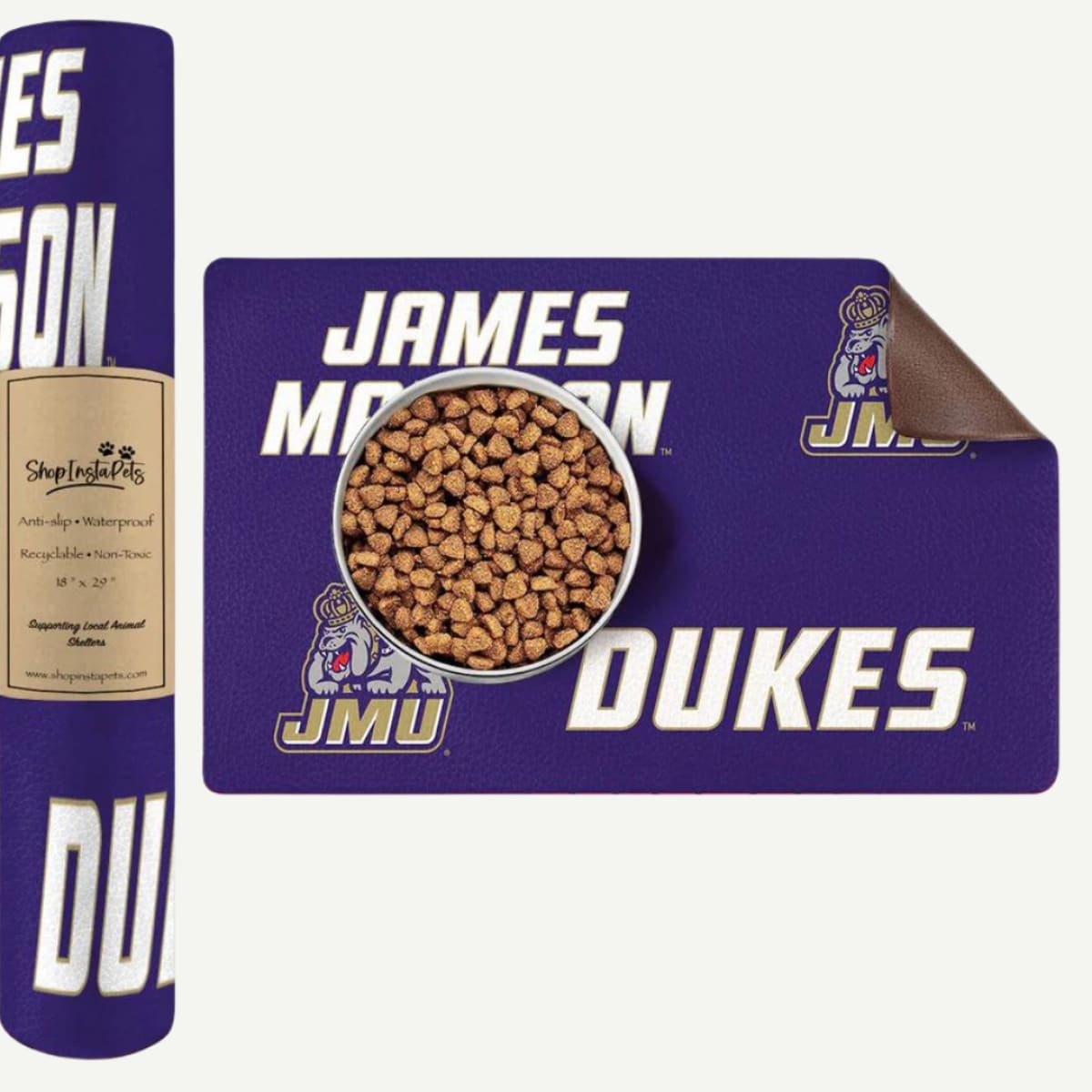 James Madison Dukes Food & Water Mat featuring JMU logo and purple background, perfect for pet owners and JMU fans.