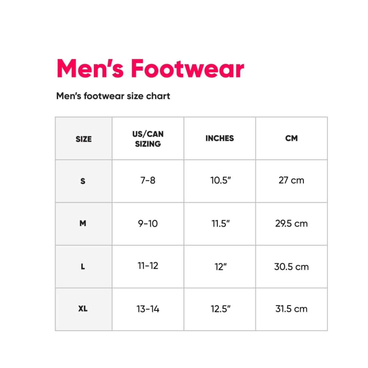Men's Footwear Size Chart