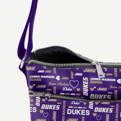 JMU merchandise – James Madison Dukes Logo Love Crossbody Purse with heart and logo pattern, silver zipper, and adjustable strap