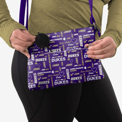 JMU merchandise – James Madison Dukes Logo Love Crossbody Purse with heart and logo pattern, silver zipper, and adjustable strap