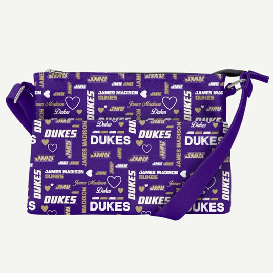 JMU merchandise – James Madison Dukes Logo Love Crossbody Purse with heart and logo pattern, silver zipper, and adjustable strap