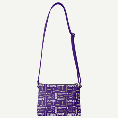 JMU merchandise – James Madison Dukes Logo Love Crossbody Purse with heart and logo pattern, silver zipper, and adjustable strap