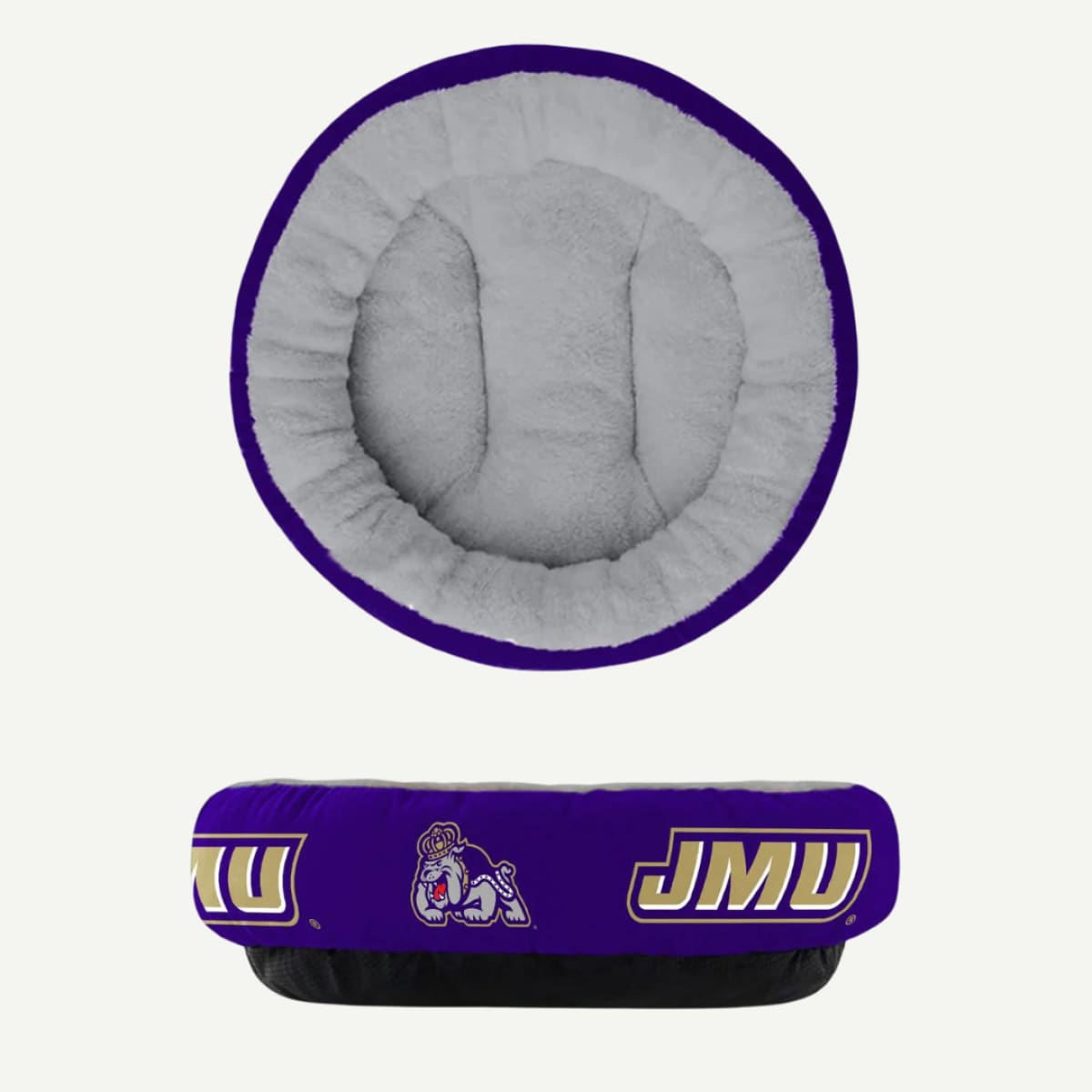 James Madison Dukes Plush Donut Dog Bed with JMU logos and non-slip bottom, providing comfort and style for pets.