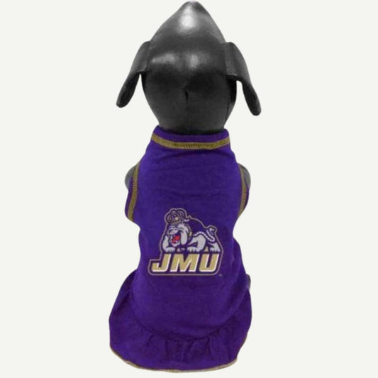 JMU Dukes Cheerleader Dog Dress, Ruffled Dog Dress, Embroidered Logo, Cotton-Lycra Blend, Pet Apparel, Dog Fandom Outfit, Sizes Up to XXL, Machine Washable, Official JMU Product, Pet Cheerleading Dress, Dog Clothes, Made in USA