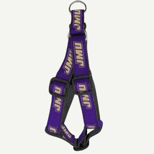 James Madison University, JMU Dukes, Dog Harness, pet accessory, in stock, adjustable straps, durable construction, official merchandise, sizes available, comfortable fit.