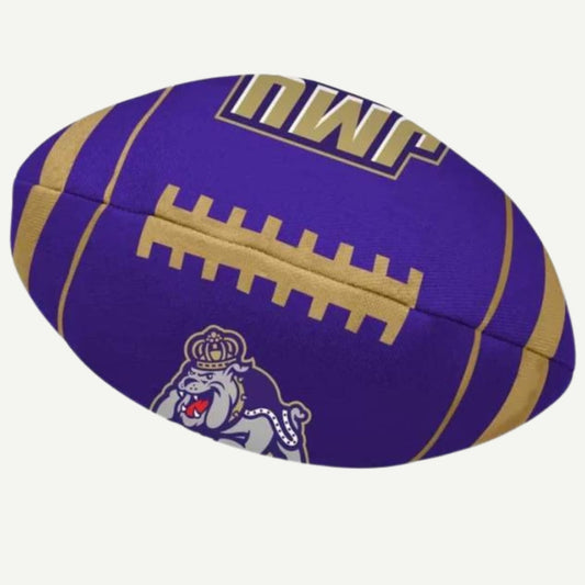 JMU Dukes Plush Football, 9-Inch Toss Toy, Heavy Denier Canvas, Non-Toxic Filler, Squeaker, Team Logos, Dog Toy, Kids Toy, Tailgate Fun, Sublimated Football, Official JMU Toy, Made in USA