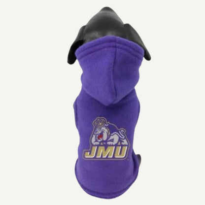 JMU Dukes Polar Fleece Dog Jacket, Hooded Pet Jacket, Purple Dog Coat, Embroidered Team Logo, Heavy Polar Fleece, Leash Opening, Anti-Pill Polyester, Machine Washable, Dog Jacket Sizes Tiny to XXL, Officially Licensed Pet Apparel, Made in USA