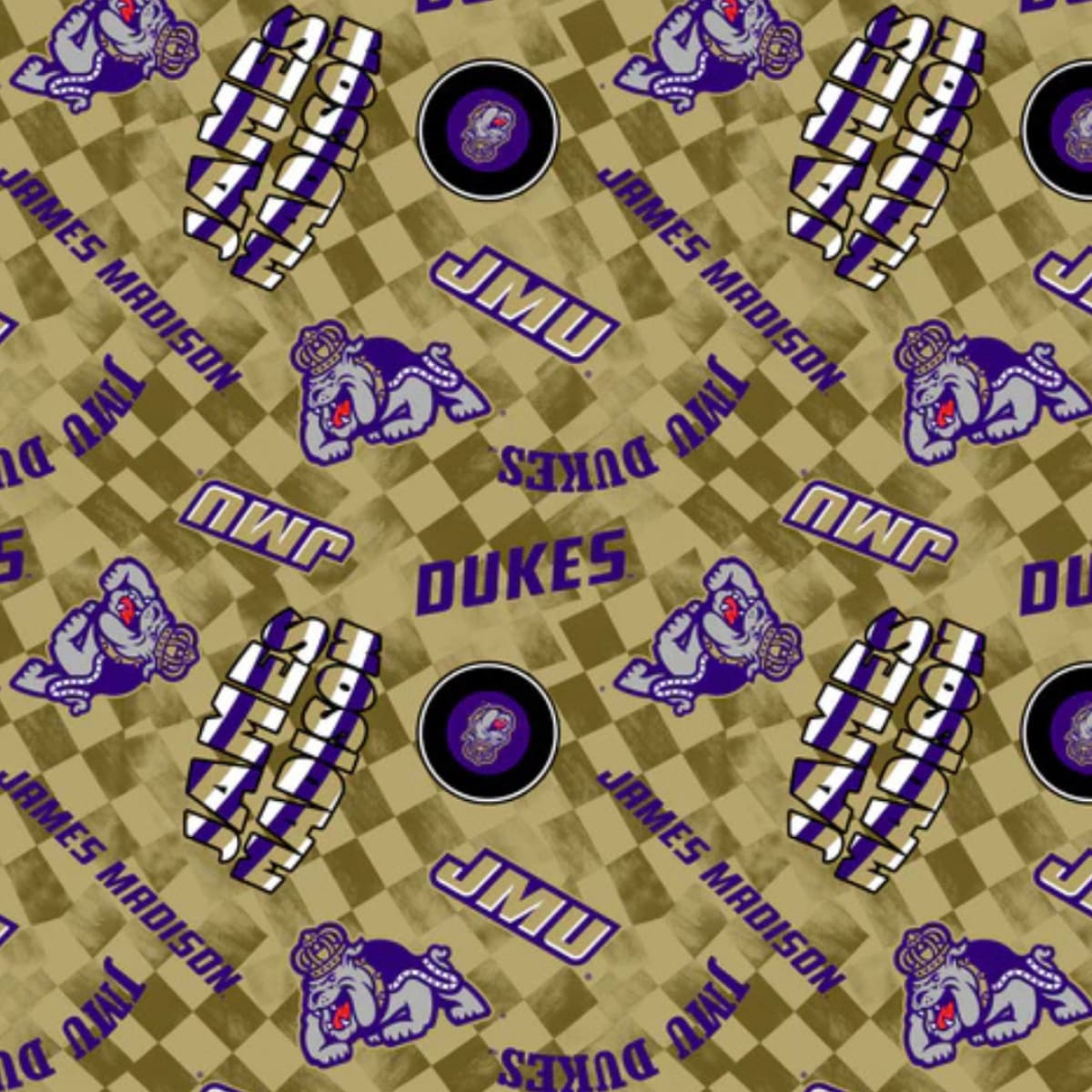 Patterned fabric with James Madison University logos and checkered design.