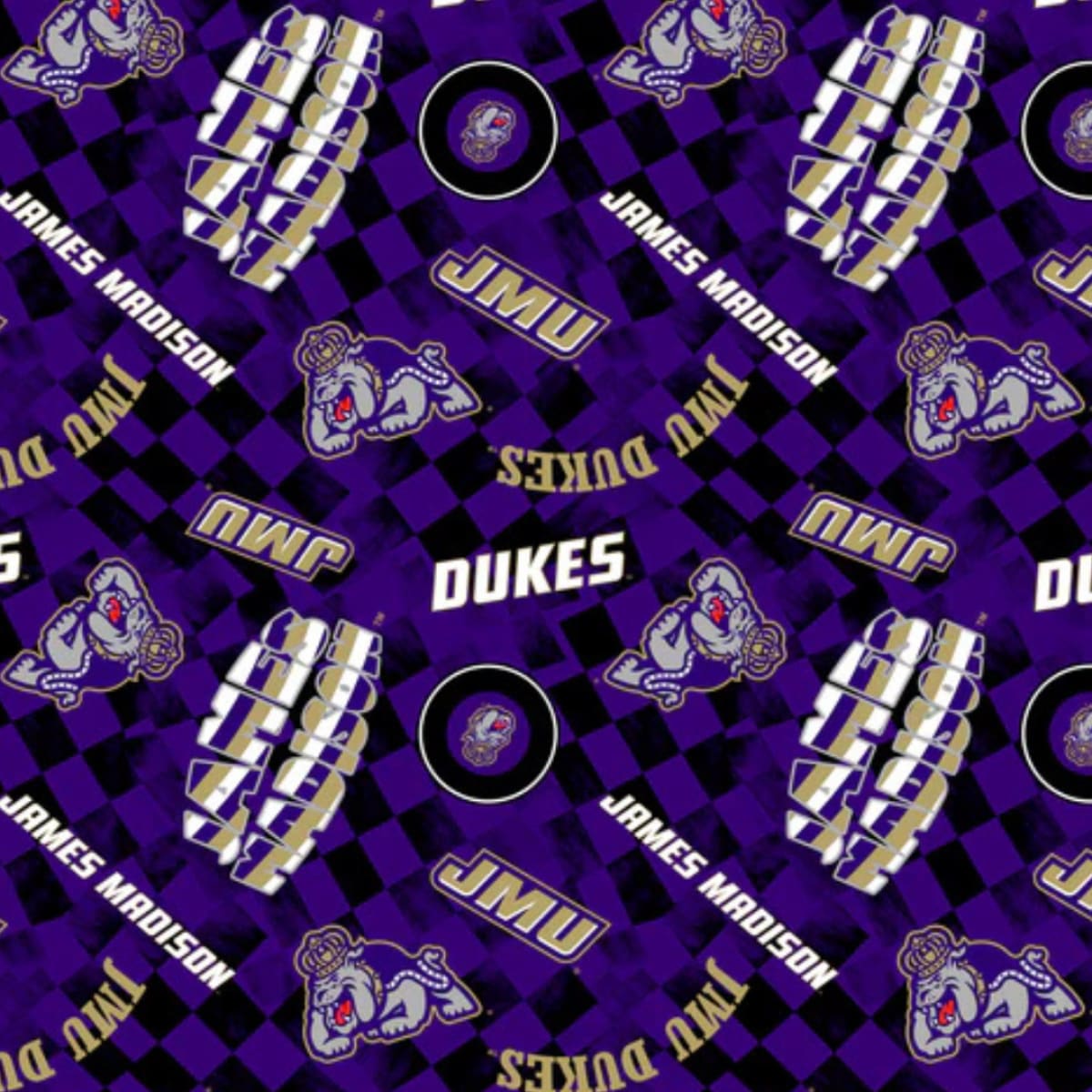 Patterned fabric with James Madison University logos and checkered design.