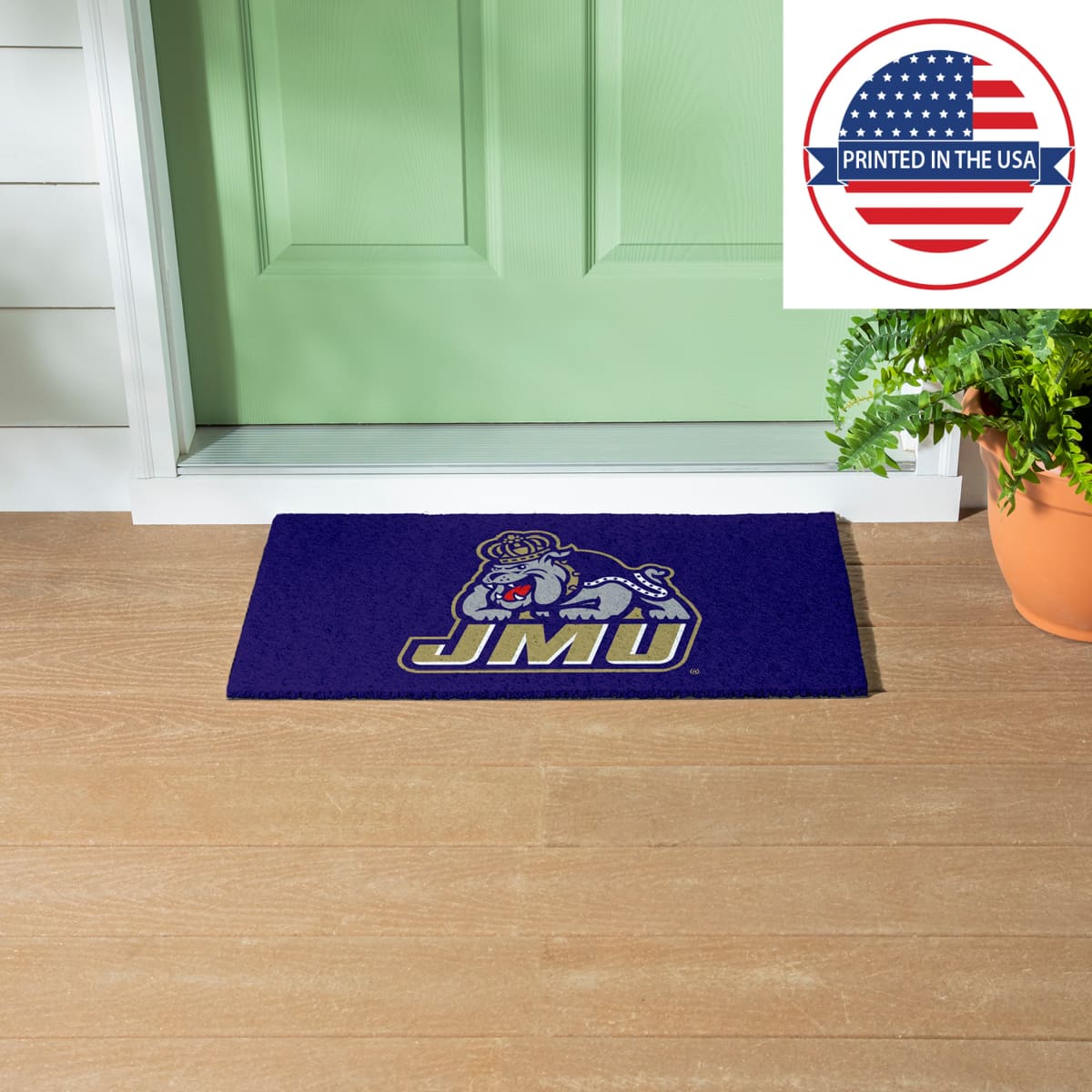 JMU 16"x28" Full Color PVC Mat featuring vibrant team colors and an officially licensed logo.