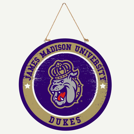 Round wooden sign with James Madison University logo and text on a white background