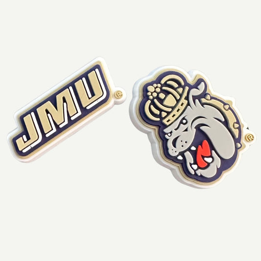 JMU 3D Clog Charms Set of 2 featuring vibrant purple and gold designs, perfect for adding school spirit to your shoes.