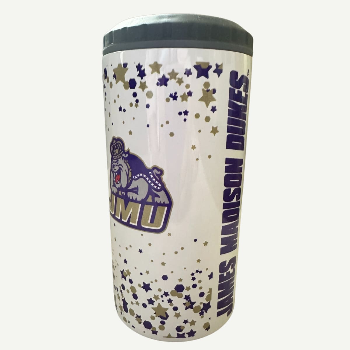 JMU 4-in-1 Confetti Metal Koolie with interchangeable lids and James Madison Dukes design