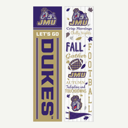 JMU 47" fall seasonal double-sided leaner with team colors and festive autumn themes.